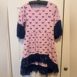 BMG Girls Pink Bow Dress – Size 10Y/12Y – Navy Lace Trim